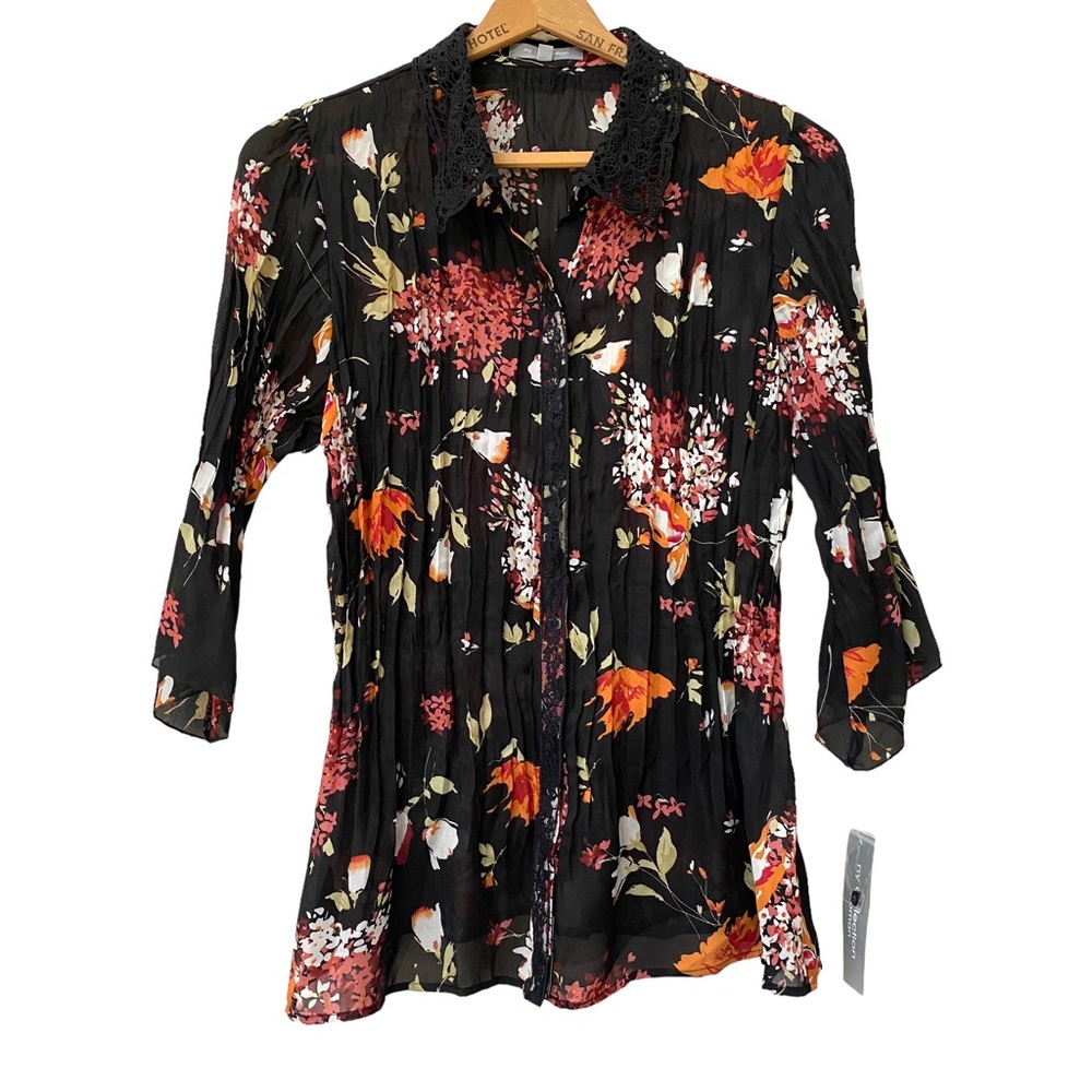 NEW NY Collection Black Orange Floral Button Down Blouse Lace Collar size 1X